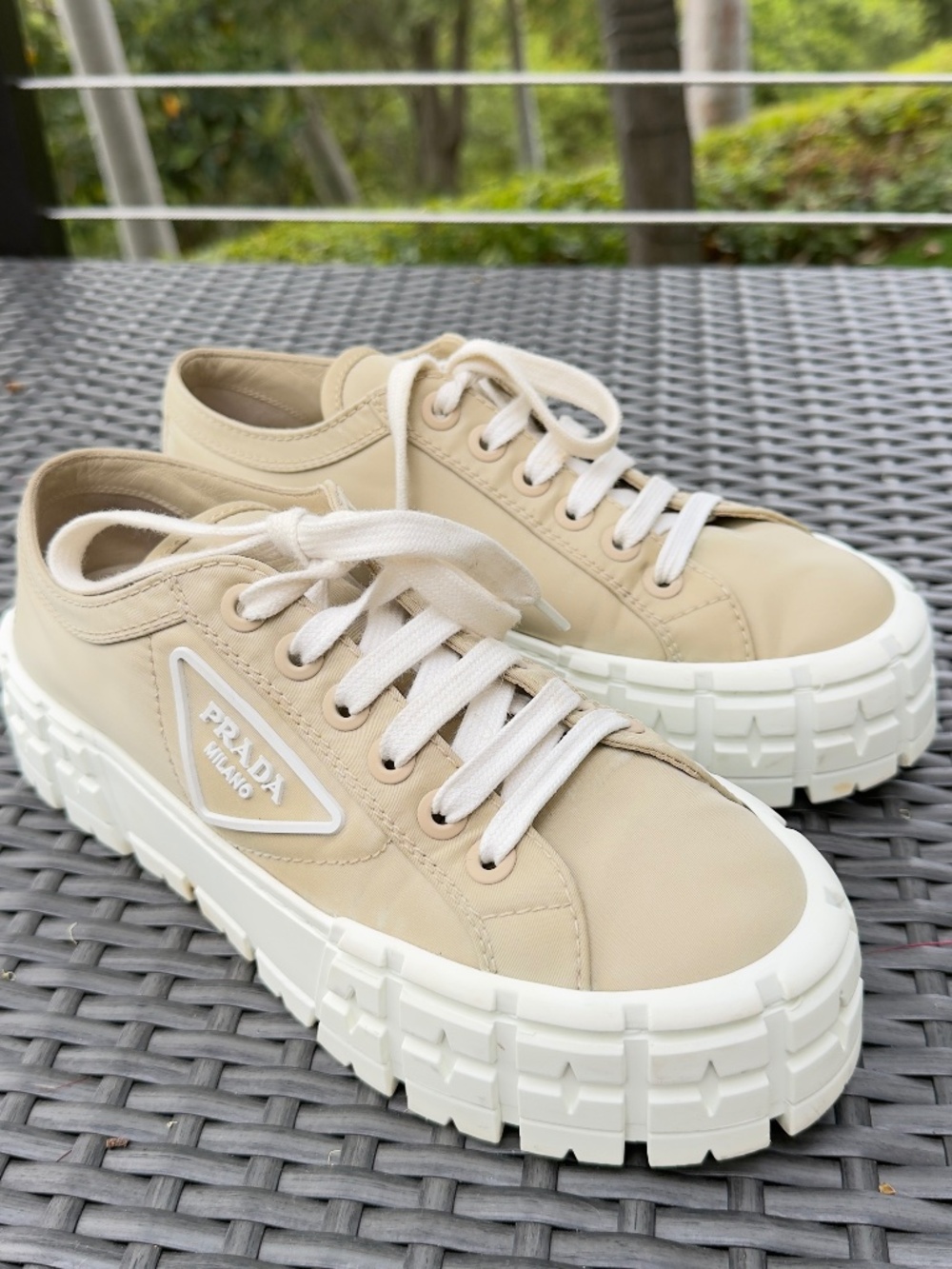 Prada Beige Nylon Gabardine Double Wheel Sneakers Size 38,5